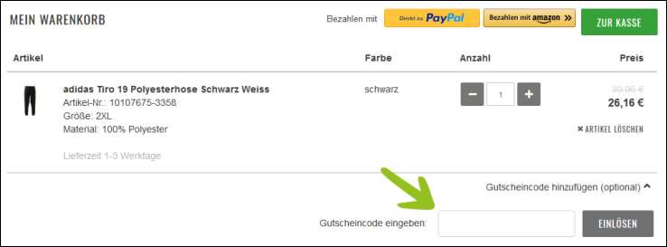 Füge deinen Rabattcode im Warenkorb ein Im Warenkorb kannst du deinen 11teamsports Gutschein einlösen
