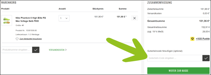 11teamsports Gutschein im Warenkorb hinzufügen