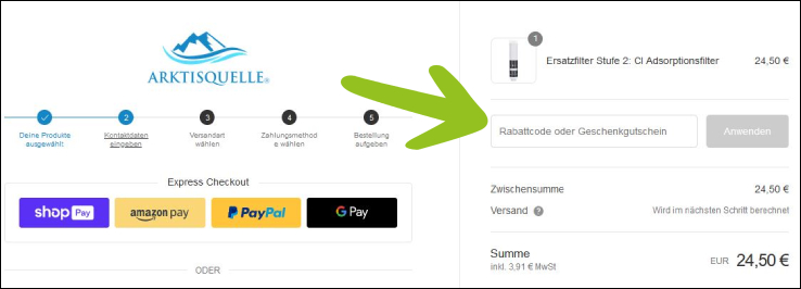 Rabattcode eingeben Arktisquelle Rabattcode im Warenkorb einlösen