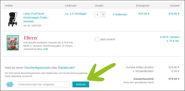 Hier den Code einlösen Den Babymarkt Gutschein im Warenkorb einlösen