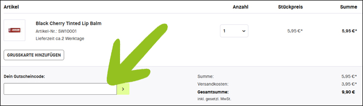 Hier kannst du deinen Gutschein einlösen Den BeautyLove Rabattcode im Warenkorb eingeben