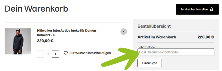 Den Berghaus Rabattcode im Warenkorb einlösen