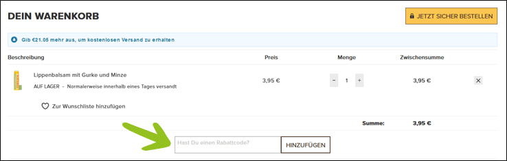 Aktiviere deinen Burt's Bees Coupon im Warenkorb Den Burt's Bees Gutschein kannst du im Warenkorb einlösen