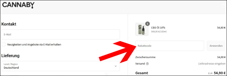 Rabattcode im ersten Bestellschritt anwenden CANNABY Gutschein im Bestellverlauf anwenden