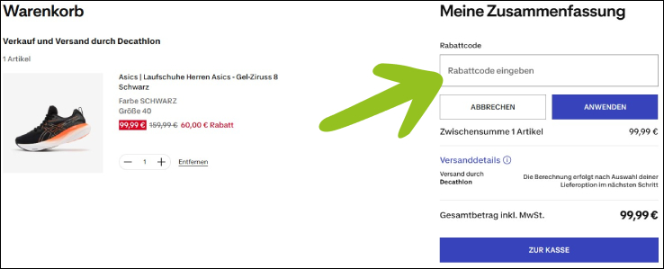 Decathlon Rabattcode im Warenkorb anwenden