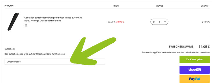 Den Gutscheincode im Warenkorb einlösen Den Fahrrad-Teile-Shop Gutschein im Warenkorb einlösen