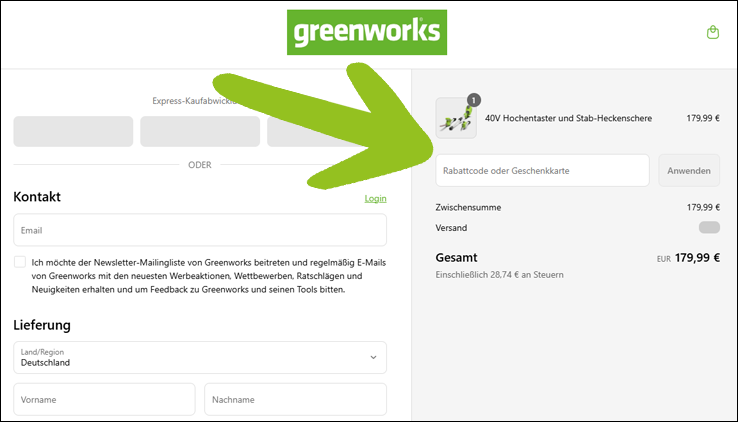 Den Gutscheincode an der Kasse einlösen Den Greenworks Gutschein an der Kasse einlösen