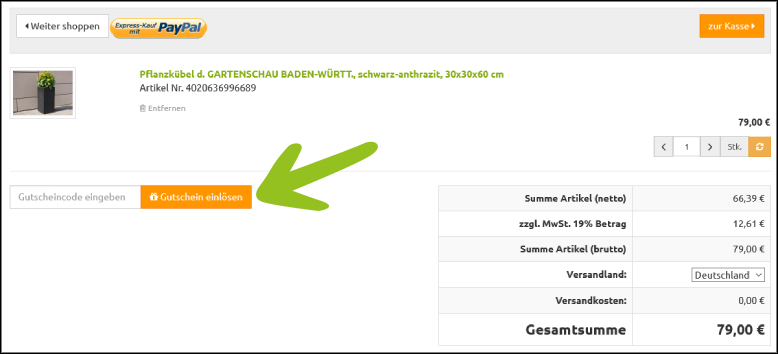 Hier deinen Gutscheincode eingeben Löse deinen Eastwest-Trading Gutschein im Warenkorb ein