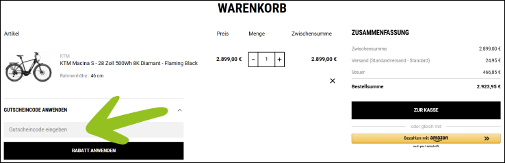 Gutscheincode im Warenkorb anwenden EBike-24 Gutschein im Warenkorb eingeben