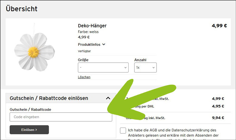 Den Ernsting's family Gutschein im vierten Bestellschritt anwenden