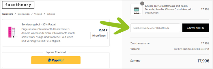 Gutscheincode hier eintragen Facetheory Gutschein im Bestellprozess einlösen