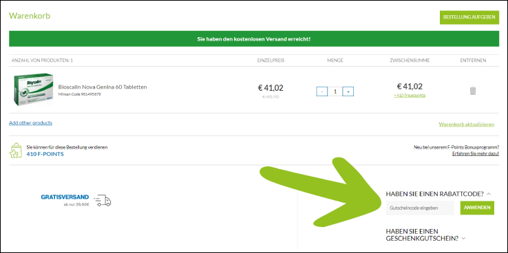 Den Gutschein im Warenkorb anwenden Farmaè Rabattcode im Warenkorb einlösen