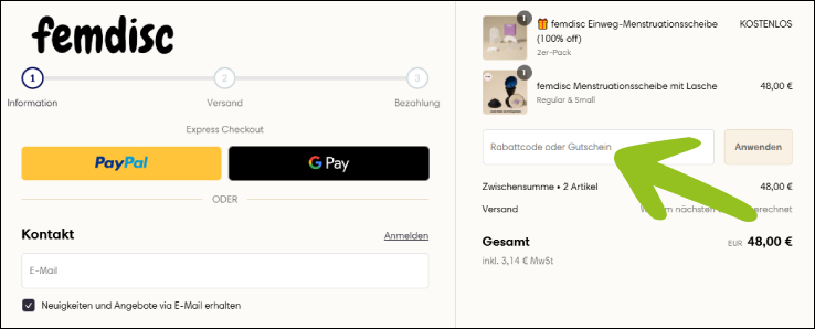 Rabatt an der Kasse erhalten Den Femdisc Rabattcode an der Kasse anwenden
