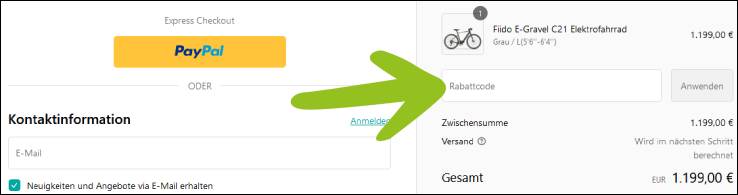 Tippe deinen Code ein Einen Fiido Rabattcode an der Kasse aktivieren