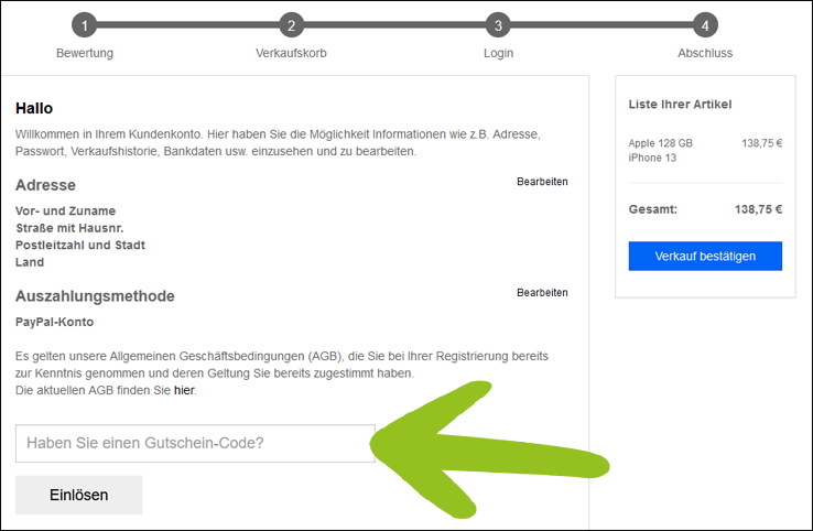 Hier kannst du deinen Gutschein einlösen Den Flip4New Gutschein im Bestellprozess aktivieren