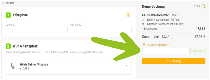 Deinen Code gibst du hier ein Gib deinen FlixBus Gutschein bei den Zahlungsarten ein