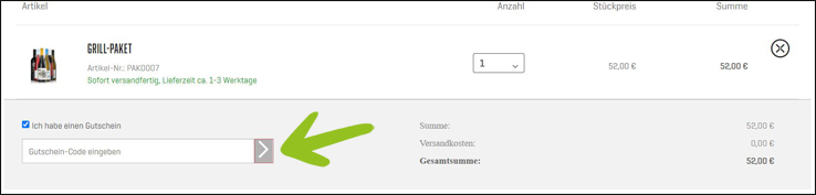 Gib deinen Code hier ein Löse deinen Geile Weine Gutschein im Warenkorb ein