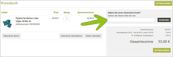 Gutscheincode hier eingeben GEPA Gutschein im Warenkorb einlösen
