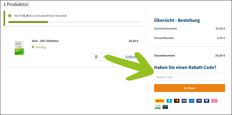 Gib den Gutschein im Warenkorb ein Gib den Medpets Rabattcode im Warenkorb ein