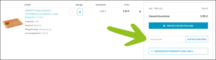 In dieses Feld kannst du den Code eingeben Deinen Gräwe Coupon Code gibst du im Warenkorb ein