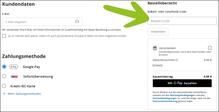 Gutscheincode im Bestellvorgang einlösen GROUPON Gutschein im Bestellvorgang aktivieren