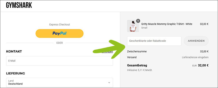Im Den Gymshark Rabattcode im Checkout eingeben