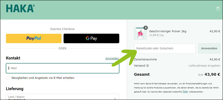 HAKA Gutschein an der Kasse eingeben HAKA Gutscheincode an der Kasse eintragen