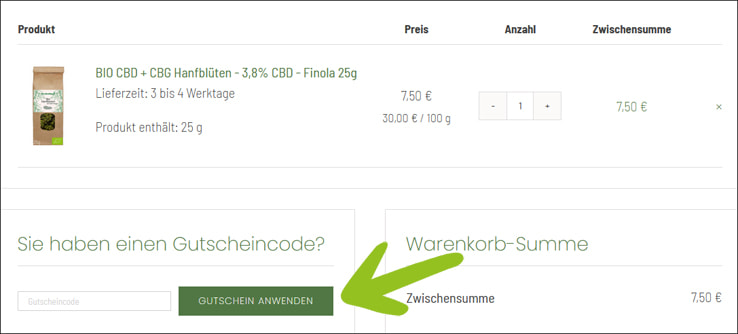 Löse den Hanflinge Gutscheincode im Warenkorb ein Den Hanflinge Gutschein kannst du im Warenkorb aktivieren
