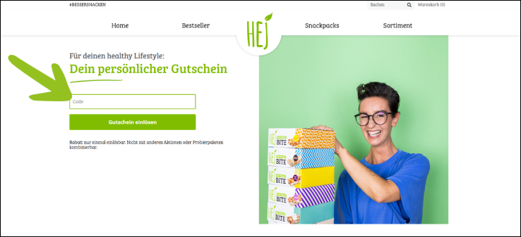 HEJ Rabatt auf der Gutschein-Seite anwenden Den HEJ Natural Rabatt auf der Gutschein-Seite einlösen