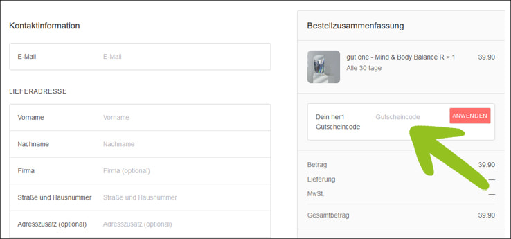 Spare mit dem her.one Code im Bestellvorgang Aktiviere den her1 Rabattcode im Bestellprozess