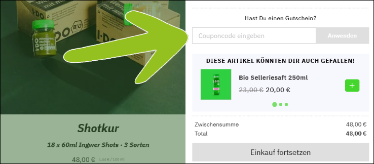 Den IDO Bio Gutschein kannst du im Warenkorb einlösen