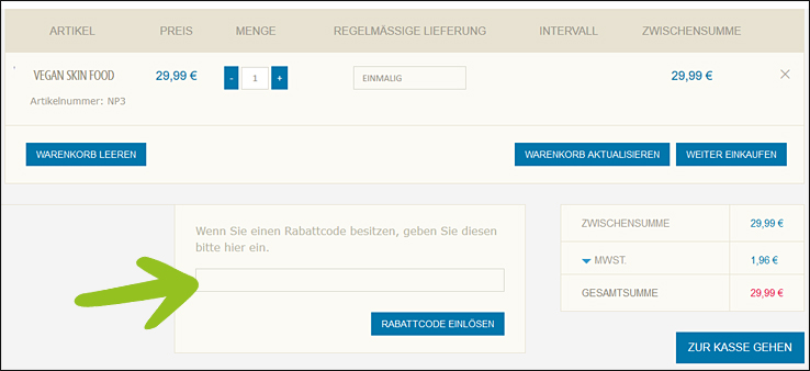 Der Jarmino Gutschein wird an dieser Stelle eingegeben Jarmino Gutschein im Warenkorb eingeben