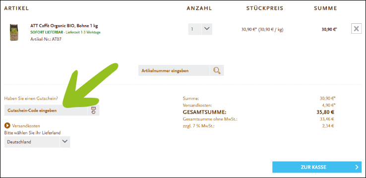 Gutscheincode im Warenkorb eingeben Kaffeezentrale Gutschein im Warenkorb einlösen