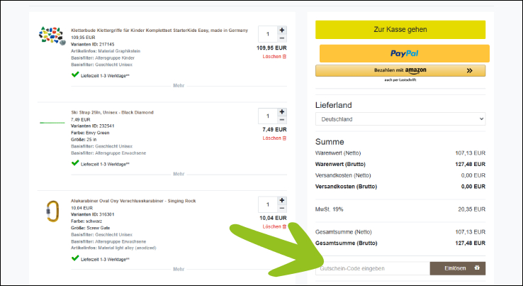 Gutscheincode im Warenkorb anwenden Den Kletterbude Gutschein im Warenkorb einlösen