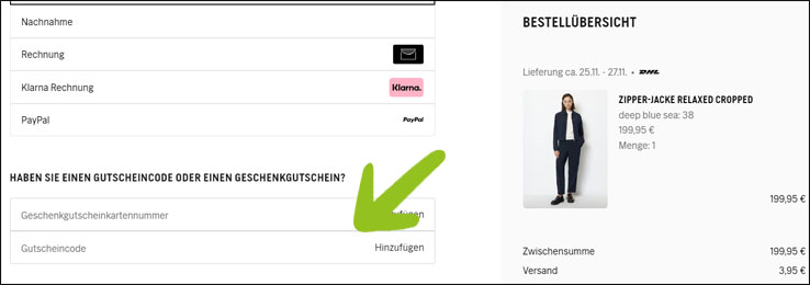 Code an der Kasse eingeben Marc O'Polo Gutschein an der Kasse einfügen