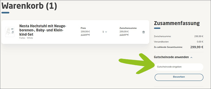 Deinen Maxi-Cosi Rabatt Code nutzt du im Warenkorb Den Maxi-Cosi Rabatt Code im Warenkorb einlösen