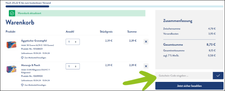 Gutschein-Code im Warenkorb eingeben Meßmer Gutscheincode im Warenkorb einlösen