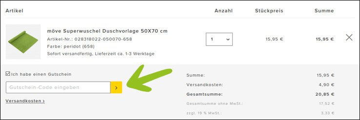 Deinen Möve Rabattcode kannst du im Warenkorb einlösen Gib den Möve Gutschein im Warenkorb ein