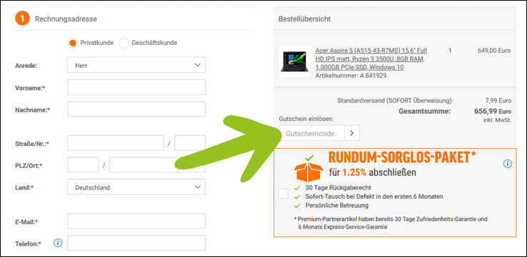 Hier den Gutscheincode eintragen Den notebooksbilliger Gutschein im Warenkorb eintragen