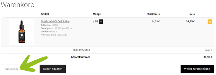 Gutscheincode hier eingeben Oliveda Gutschein im Warenkorb einlösen