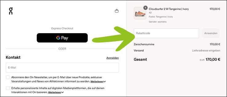 An der Kasse den On Gutschein anwenden Den On Gutschein an der Kasse anwenden