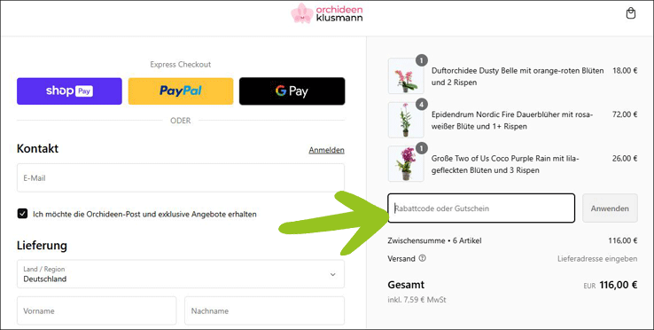 Den Orchideen Klusmann Gutschein an der Kasse einlösen Den Orchideen Klusmann Rabattcode an der Kasse anwenden