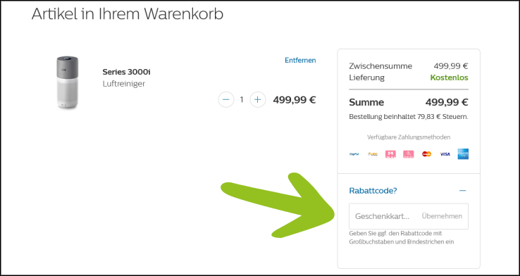 Hier den Code eingeben Verwende deinen Philips Gutscheincode im Warenkorb