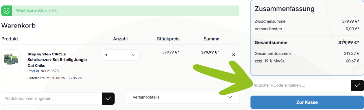 Gutschein-Code im Warenkorb angeben Ranzenmaxx Gutschein im Warenkorb eingeben
