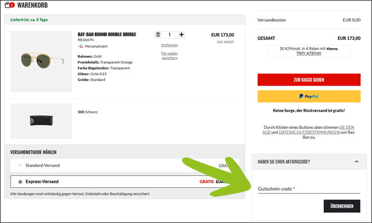 Gib den Ray-Ban Rabattcode im Warenkorb ein Spare mit dem Ray-Ban Gutschein im Warenkorb
