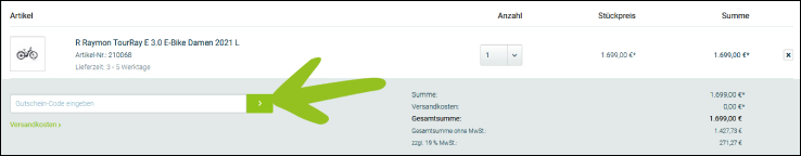 Löse deinen Gutschein im Warenkorb ein Einen Rebike Gutscheincode aktivierst du im Warenkorb