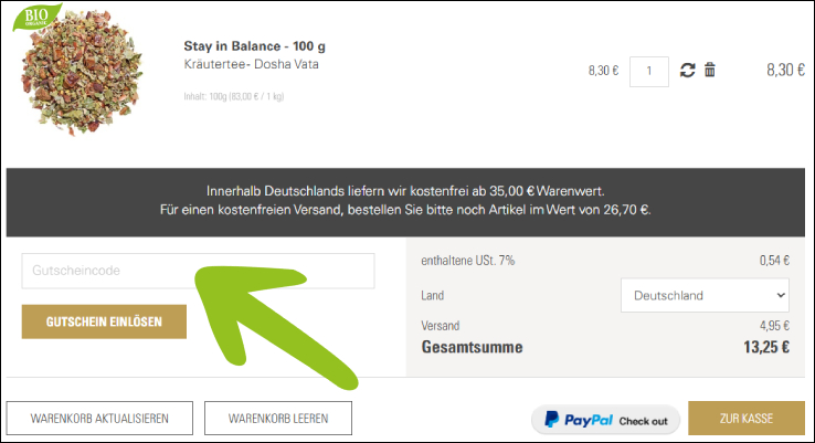 Gutschein im Warenkorb einlösen Ronnefeldt Gutschein im Warenkorb eingeben
