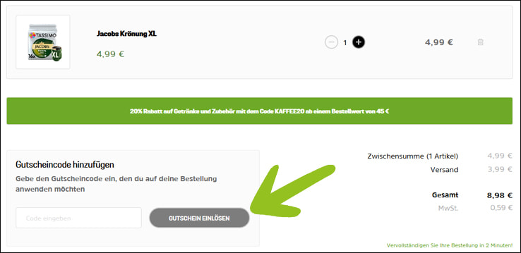 Hier den Gutschein einlösen Die Tassimo Aktion im Warenkorb aktivieren