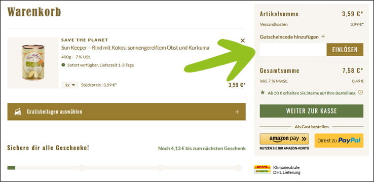 Gib den Terra Canis Gutscheincode im Warenkorb ein Spare mit dem Terra Canis Gutschein im Warenkorb