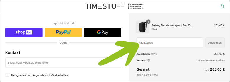 Gutscheincode an der Kasse anwenden TIMESTUFF Gutschein an der Kasse einlösen